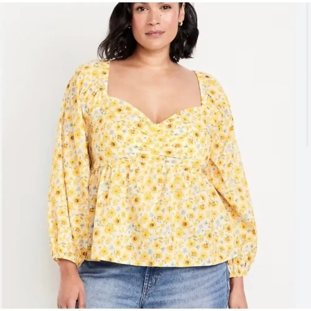 NWT Old Navy‎ Cotton Sunflower Print Babydoll Peasant Top Smocked 2X Blouse Plus